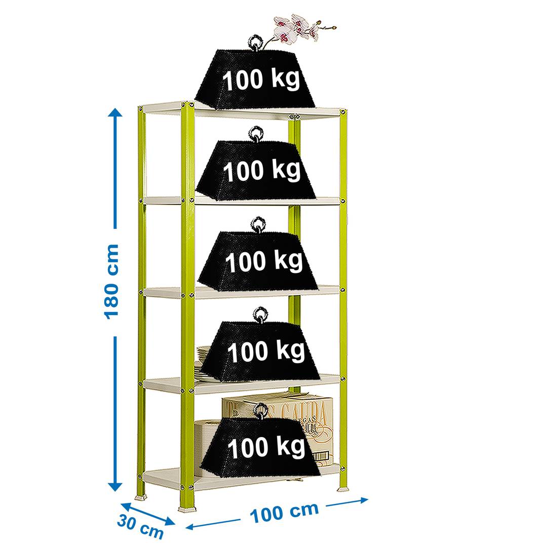 Gegalvaniseerd metalen opbergrek PrimeMatik Plus Home Classic met 5 houten planken 100 x 30 x 180 cm groen/wit