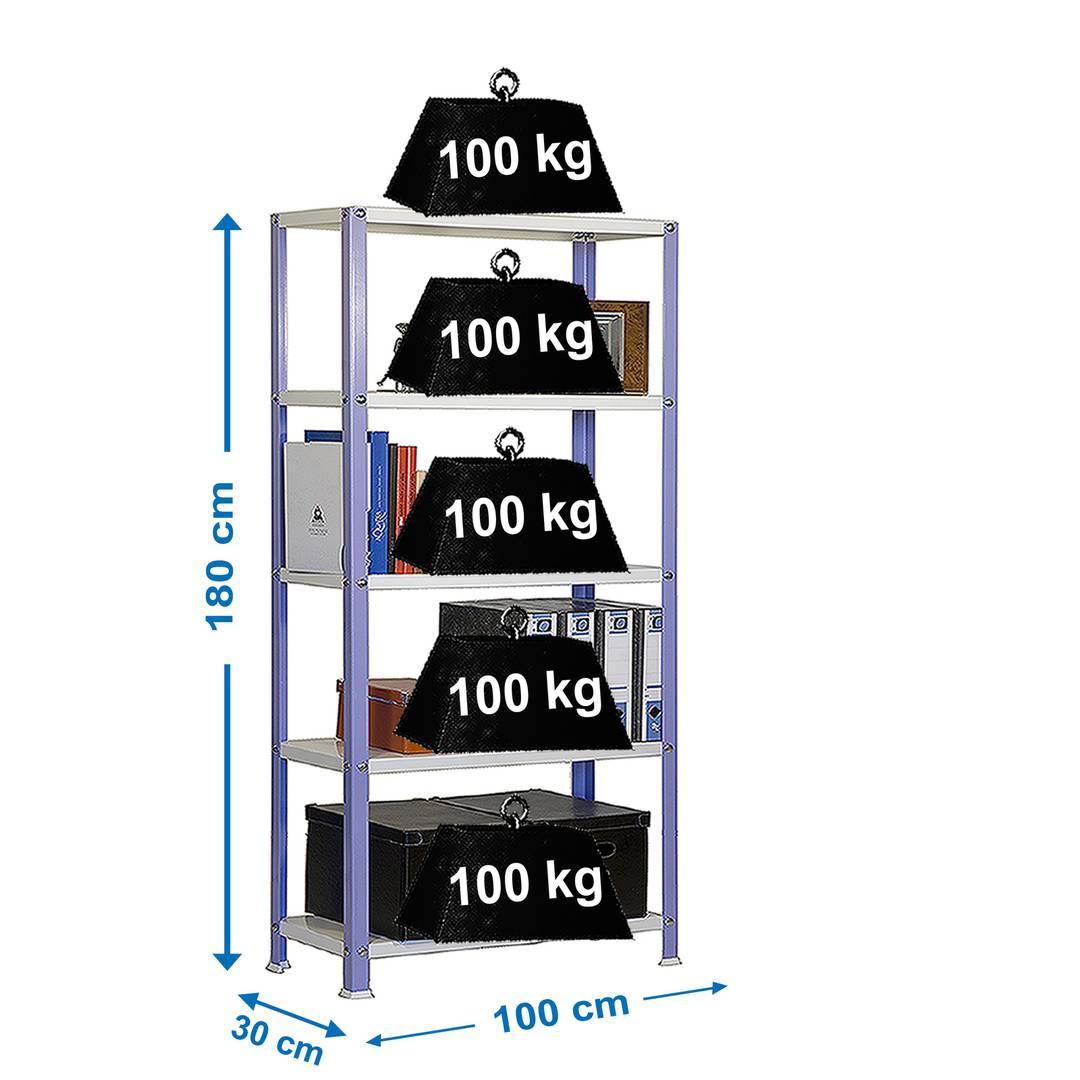 Gegalvaniseerd metalen opbergrek PrimeMatik Plus Home Classic met 5 houten planken 100 x 30 x 180 cm in paars/wit