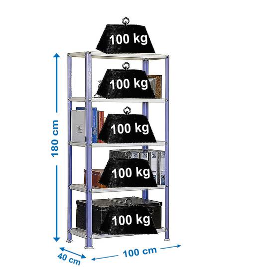 Verzinktes Metallregal zur Aufbewahrung PrimeMatik Plus Home Classic mit 5 Holzböden 100 x 40 x 180 cm in Lila / Weiß