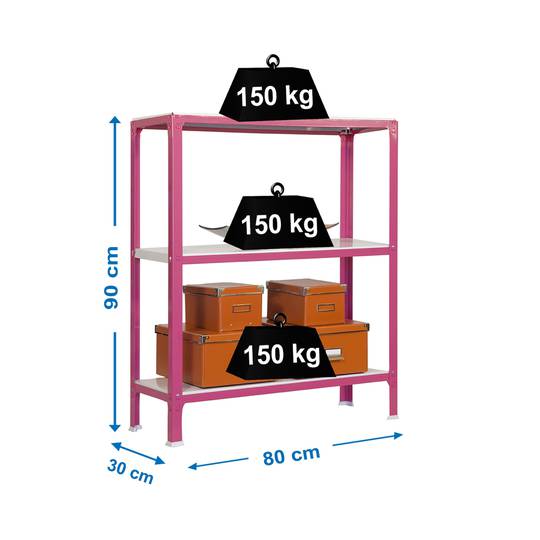 Metalen opbergrek PrimeMatik Mini Home Click met 3 metalen planken en totale afmeting 80 x 30 x 90 cm in de kleur roze/wit