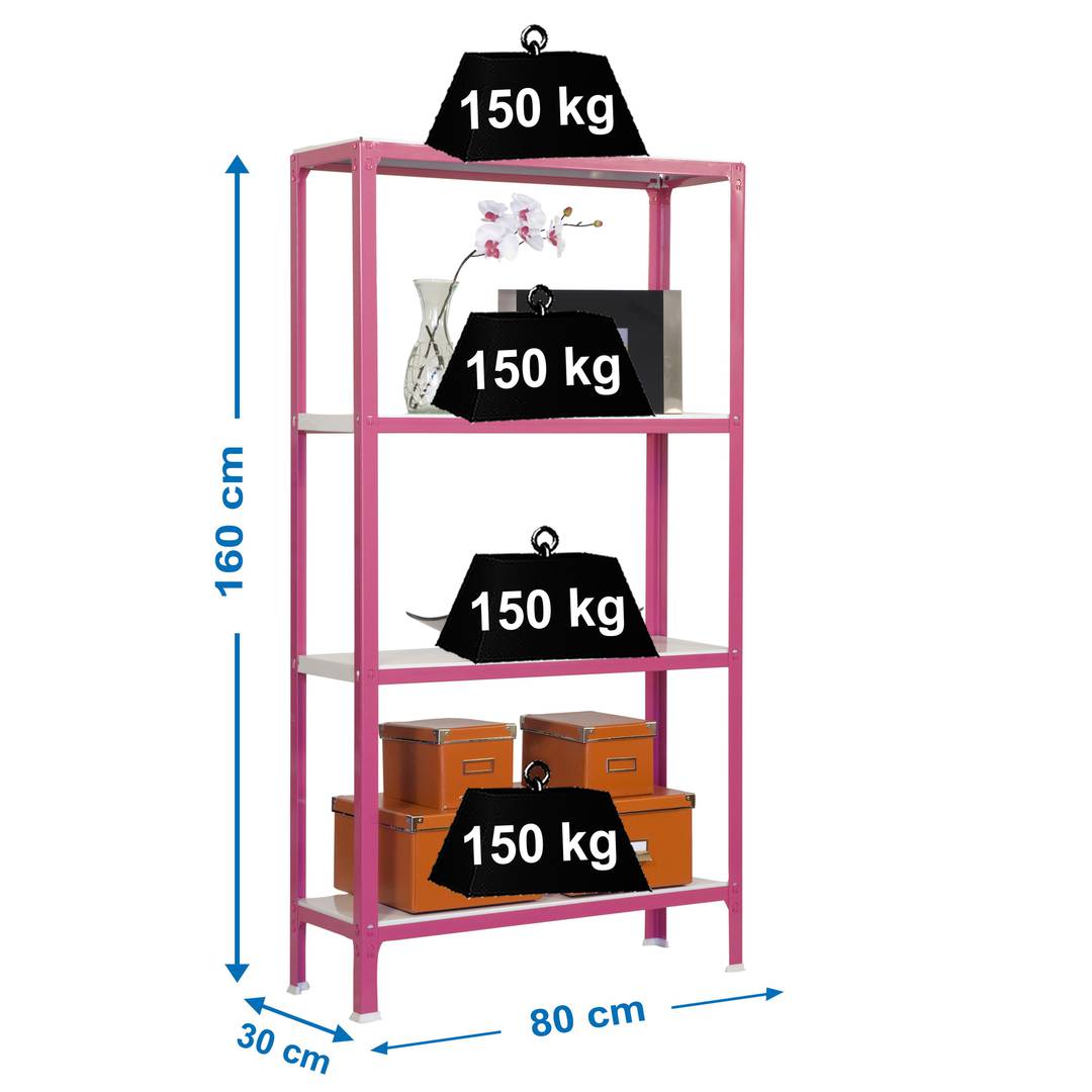 Scaffale portaoggetti in metallo PrimeMatik Mini Home Click con 4 ripiani  in metallo e dimensioni totali 80 x 30 x 160 cm in colore rosa/bianco -  Cablematic