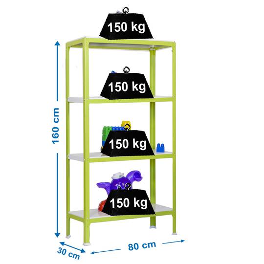 PrimeMatik Mini Home Click Metalllagerregal mit 4 Metallböden und Gesamtgröße 80 x 30 x 160 cm, grün / weiß