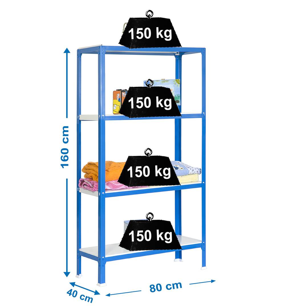 Metalowa półka do przechowywania PrimeMatik Mini Home Click z 4 metalowymi półkami i całkowitym wymiarem 80 x 40 x 160 cm w kolorze niebiesko-białym