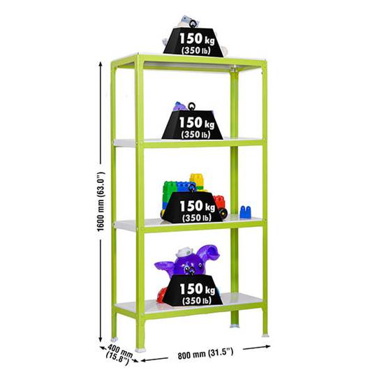 PrimeMatik Mini Home Click metalen opbergplank met 4 metalen planken en totale afmeting 80 x 40 x 160 cm, groen/wit