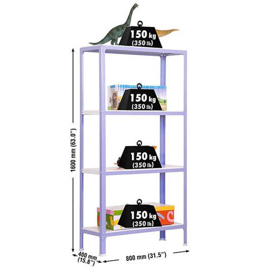 Metalen opbergrek PrimeMatik Mini Home Click met 4 metalen planken en totale afmeting 80 x 40 x 160 cm, paars/wit