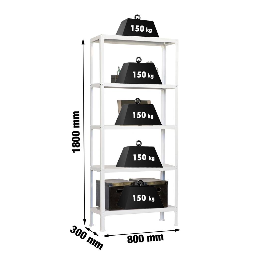 Scaffale portaoggetti in metallo PrimeMatik Mini Home Click con 5 ripiani  in metallo e dimensioni totali 80 x 30 x 180 cm in colore bianco/bianco -  Cablematic