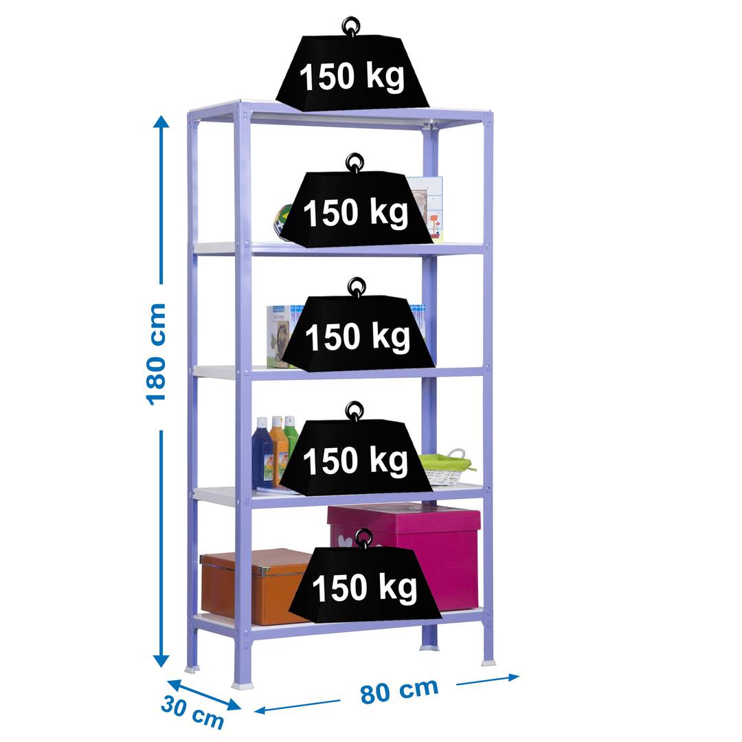 Scaffale in metallo PrimeMatik Mini Home Click con 5 ripiani in metallo e  una dimensione totale di 80 x 30 x 180 cm in viola / bianco - Cablematic