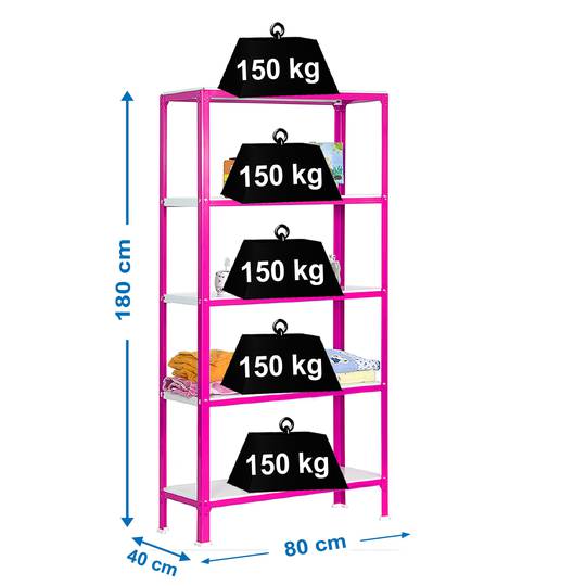 Scaffale portaoggetti in metallo Simonrack Mini Home Click con 5 ripiani in metallo e dimensioni totali 80 x 40 x 180 cm in colore rosa/bianco