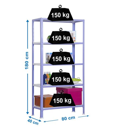 PrimeMatik Mini Home Click Metalllagerregal mit 5 Metallböden und Gesamtgröße 80 x 40 x 180 cm, lila / weiß