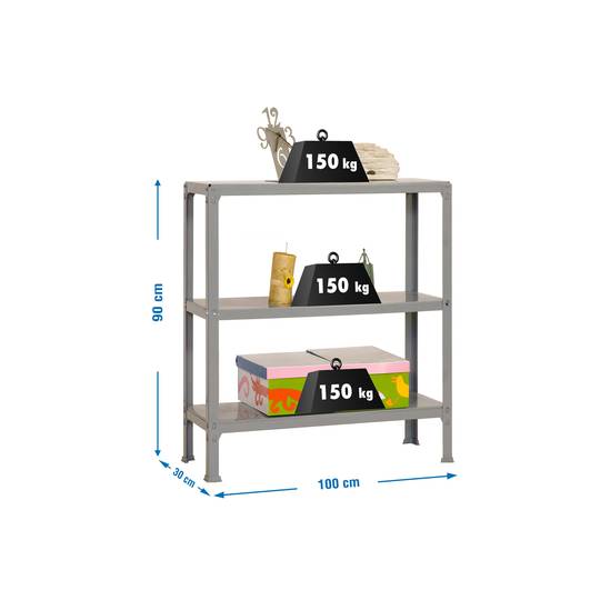 Prateleira metálica PrimeMatik Plus Home Click com 3 prateleiras metálicas e tamanho total 100 x 30 x 90 cm na cor cinza/cinza