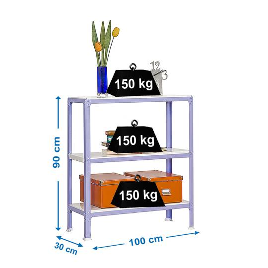 Metalllagerregal PrimeMatik Plus Home Click mit 3 Metallböden und einer Gesamtgröße von 100 x 30 x 90 cm in Lila / Weiß