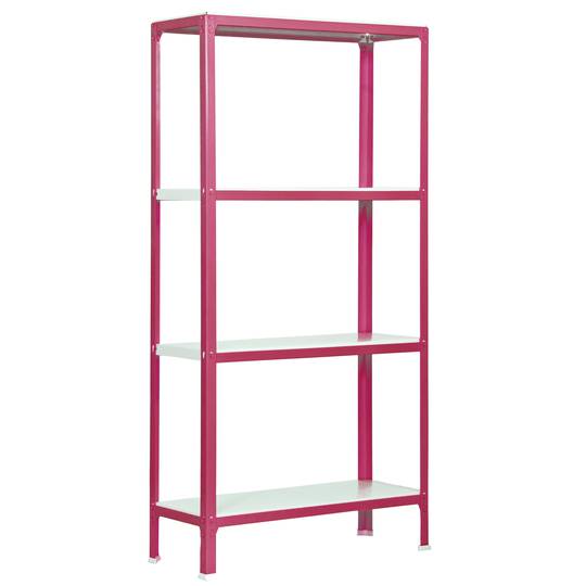 PrimeMatik Plus Home Click metalen opbergplank met 4 metalen planken en totale afmeting 100 x 30 x 160 cm, roze/wit