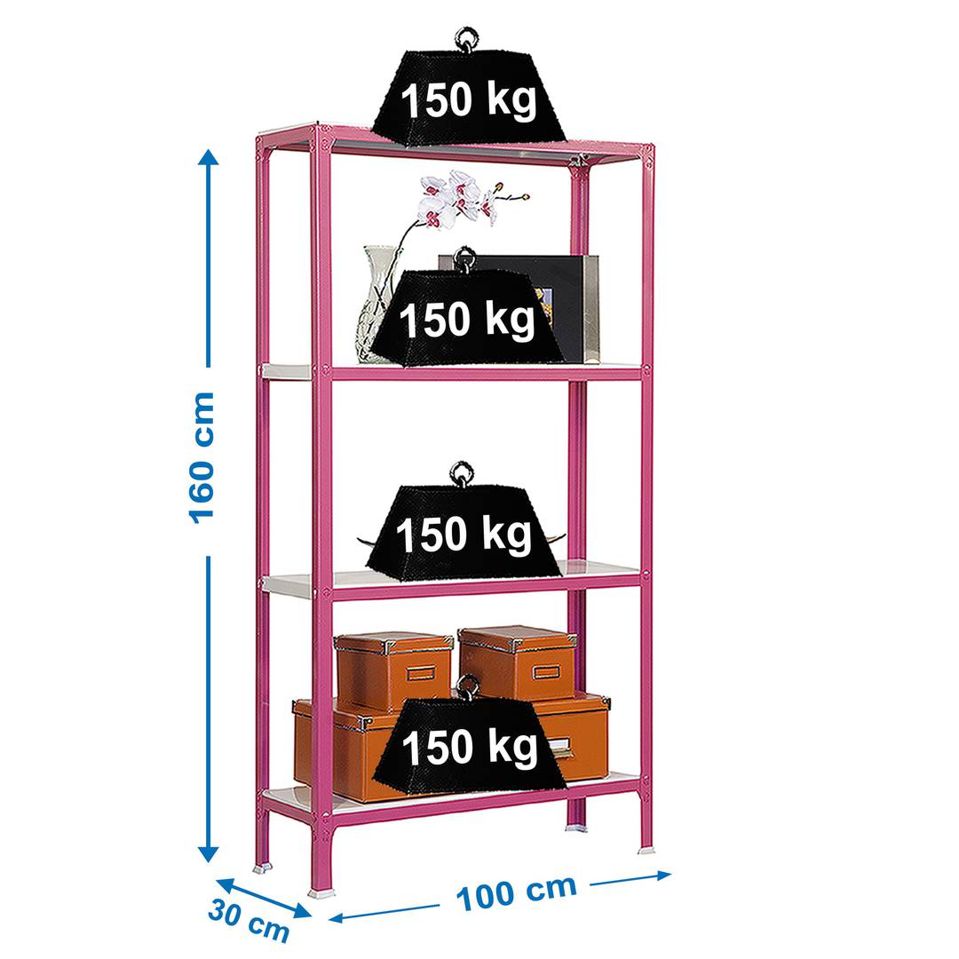 PrimeMatik Plus Home Click metalen opbergplank met 4 metalen planken en totale afmeting 100 x 30 x 160 cm, roze/wit