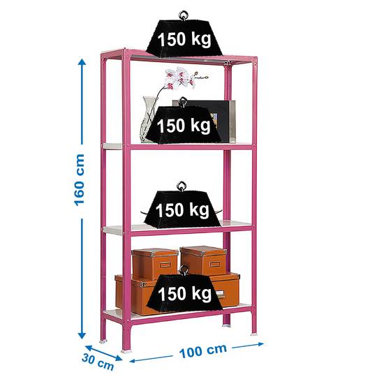 PrimeMatik Plus Home Click metalen opbergplank met 4 metalen planken en totale afmeting 100 x 30 x 160 cm, roze/wit