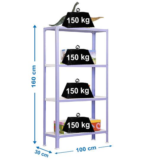 Metalllagerregal PrimeMatik Plus Home Click mit 4 Metallböden und einer Gesamtgröße von 100 x 30 x 160 cm in Lila / Weiß
