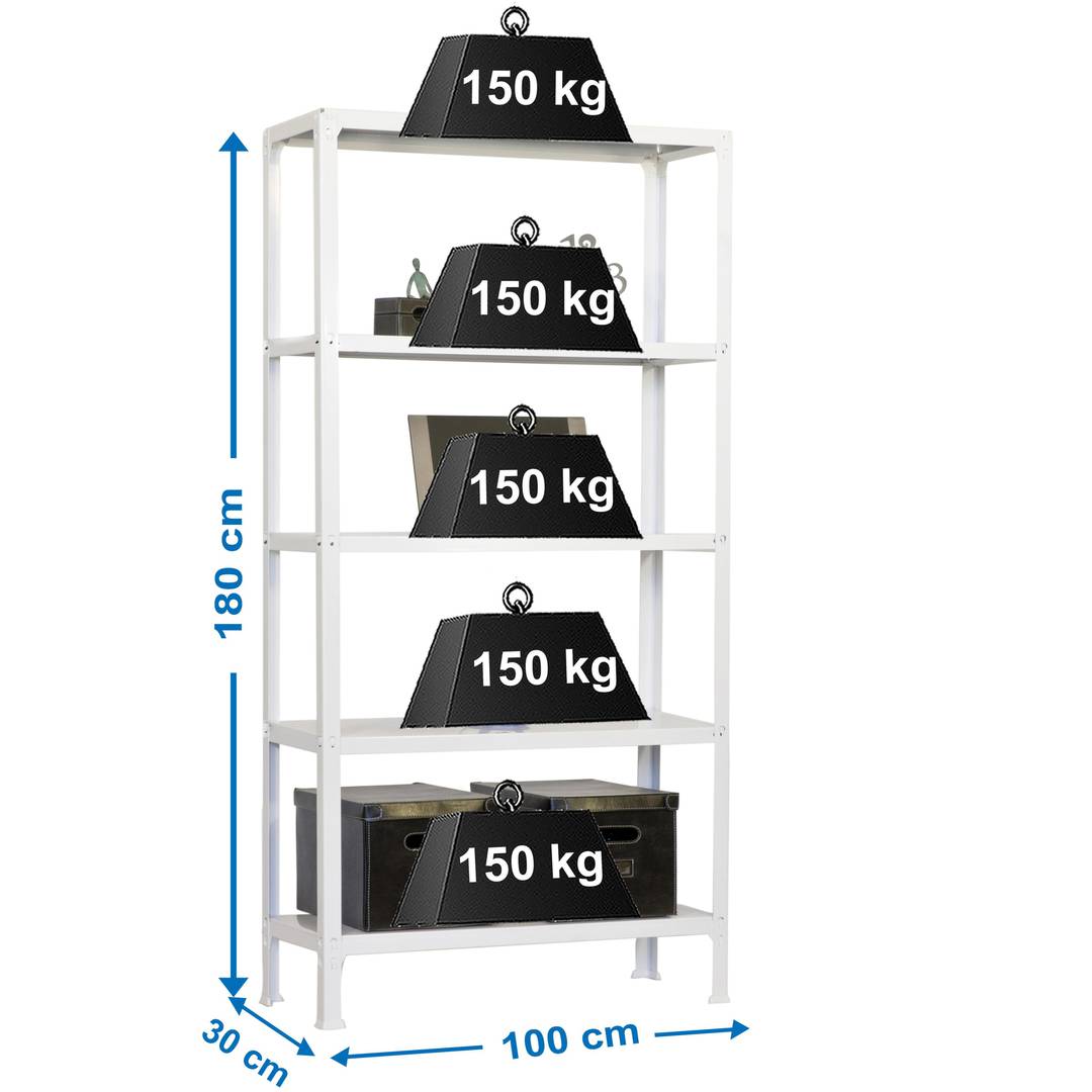 Scaffale portaoggetti in metallo PrimeMatik Plus Home Click con 5 ripiani in metallo e dimensioni totali 100 x 30 x 180 cm in colore bianco/bianco
