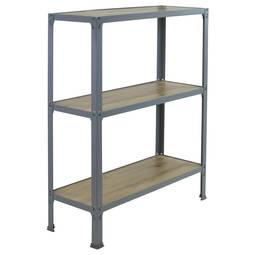 Metal storage shelf Simonrack Mini Home Click with 3 plywood shelves and total size 80 x 30 x 90 cm in gray / oak color