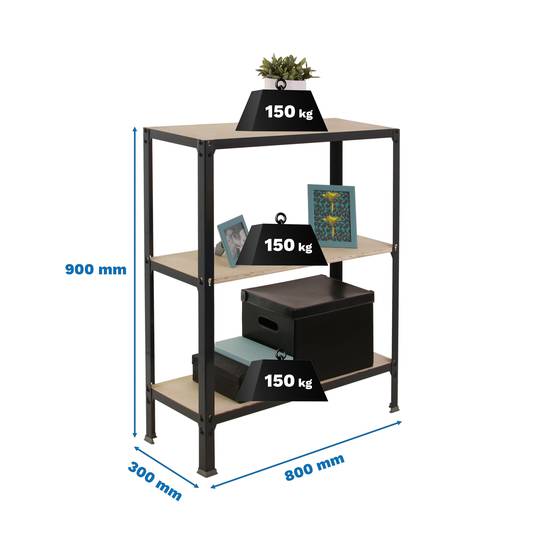 Metalen opbergrek PrimeMatik Mini Home Click met 3 plywood planken en totale afmeting 80 x 30 x 90 cm in kleur antraciet/berken