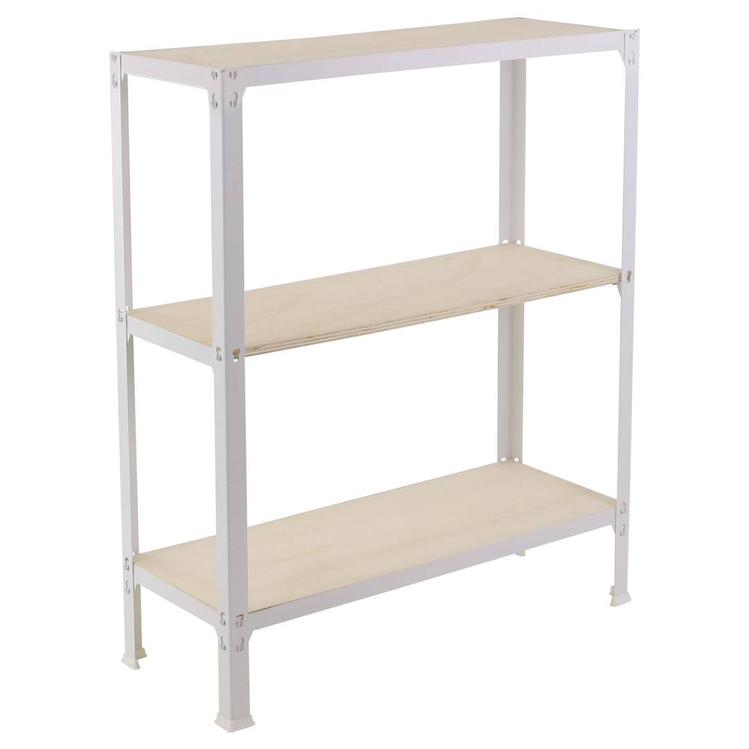 Półka metalowa do przechowywania PrimeMatik Mini Home Click z 3 półkami ze sklejki i całkowitym wymiarze 80 x 30 x 90 cm w kolorze białym / topoli
