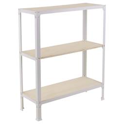 Metalllagerregal PrimeMatik Mini Home Click mit 3 Sperrholzböden und einer Gesamtgröße von 80 x 30 x 90 cm in der Farbe Weiß / Pappel