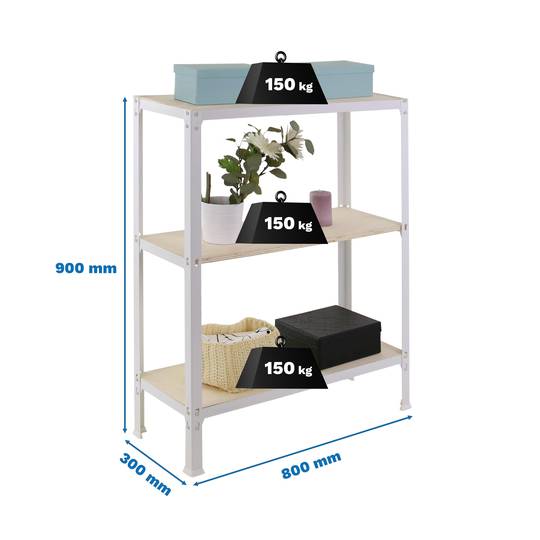 Półka metalowa do przechowywania PrimeMatik Mini Home Click z 3 półkami ze sklejki i całkowitym wymiarze 80 x 30 x 90 cm w kolorze białym / topoli