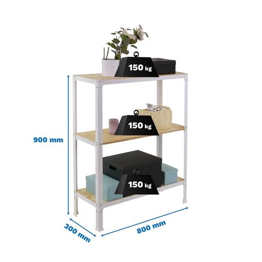 Estantería metálica para almacenaje Simonhome Simonrack Mini Home Click de 3 baldas de madera contrachapada y tamaño total 80 x 30 x 90 cm de color blanco / pino