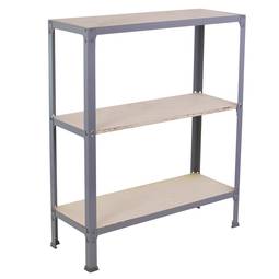 Metalllagerregal PrimeMatik Mini Home Click mit 3 Sperrholzböden und einer Gesamtgröße von 80 x 30 x 90 cm in der Farbe Grau/Birke