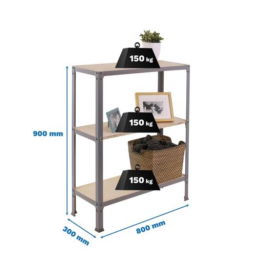 Estantería metálica para almacenaje PrimeMatik Mini de 3 baldas metalicas y  tamaño total 80 x 30 x 90 cm de color galvanizado - Cablematic