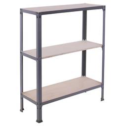 Metalllagerregal PrimeMatik Mini Home Click mit 3 Sperrholzböden und einer Gesamtgröße von 80 x 30 x 90 cm in der Farbe Grau/Pappel