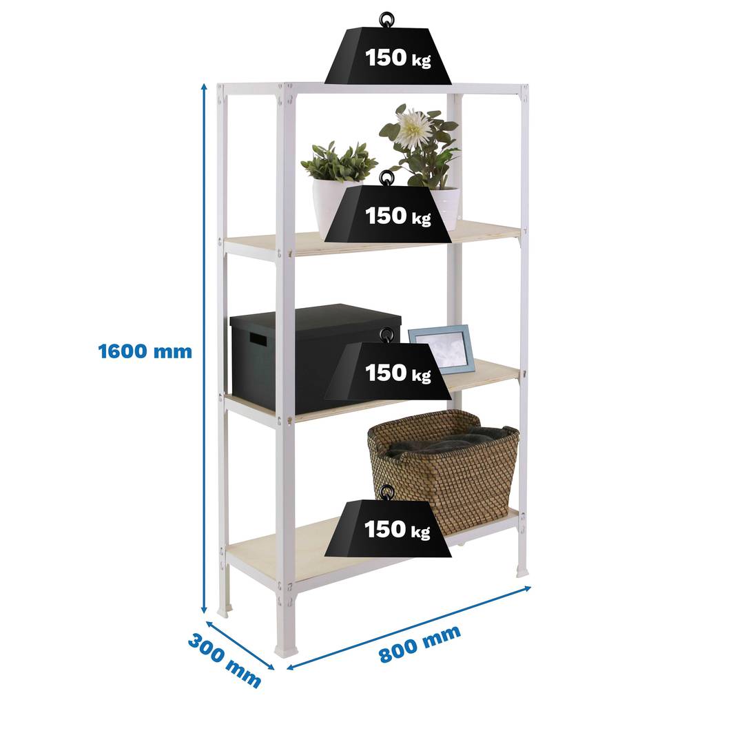 Lagerregal aus Metall PrimeMatik Mini Home Click mit 4 Sperrholzböden und einer Gesamtgröße von 80 x 30 x 160 cm in der Farbe Weiß / Pappel