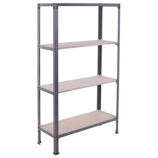 Lagerregal aus Metall PrimeMatik Mini Home Click mit 4 Sperrholzböden und einer Gesamtgröße von 80 x 30 x 160 cm in der Farbe Grau / Pappel