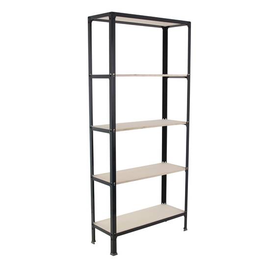 Lagerregal aus Metall PrimeMatik Mini Home Click mit 5 Sperrholzböden und einer Gesamtgröße von 80 x 30 x 180 cm in der Farbe Anthrazit / Pappel