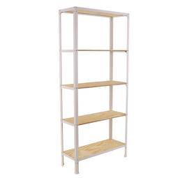 Metalen opbergrek PrimeMatik Mini Home Click met 5 plywood planken en totale afmeting 80 x 30 x 180 cm in de kleur wit/dennen