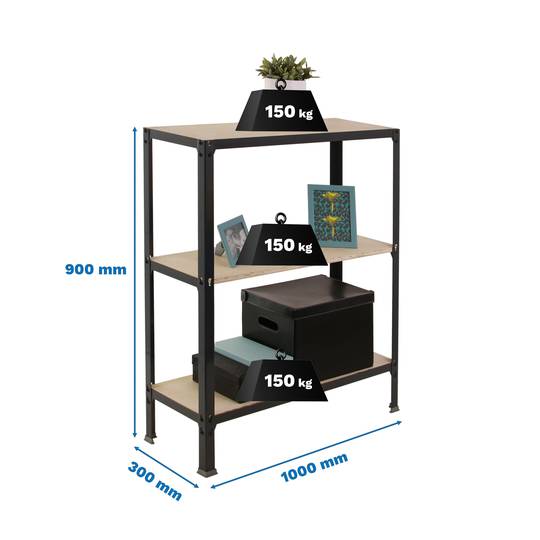 Metalen opbergrek PrimeMatik Plus Home Click met 3 plywood planken en totale afmeting 100 x 30 x 90 cm in kleur antraciet/berken