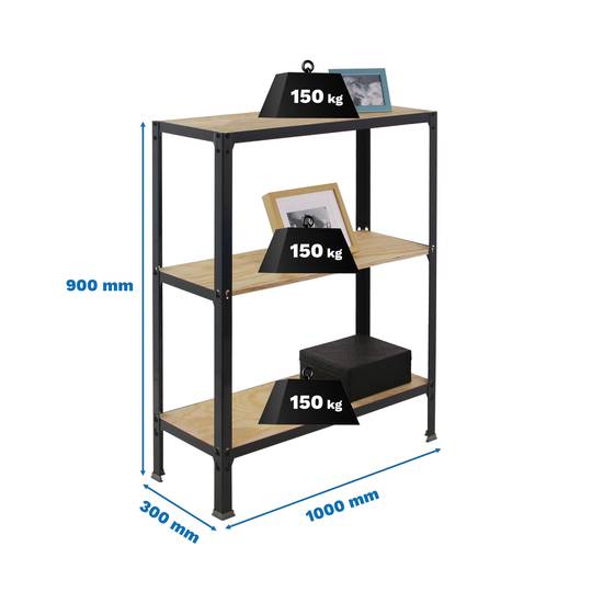 Regał magazynowy metalowy PrimeMatik Plus Home Click z 3 półkami ze sklejki o wymiarach całkowitych 100 x 30 x 90 cm w kolorze antracyt / sosna