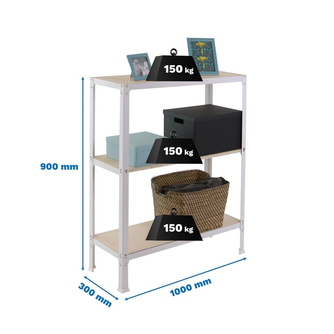 Regał magazynowy metalowy PrimeMatik Plus Home Click z 3 półkami ze sklejki i całkowitym wymiarze 100 x 30 x 90 cm w kolorze białym / brzozowym