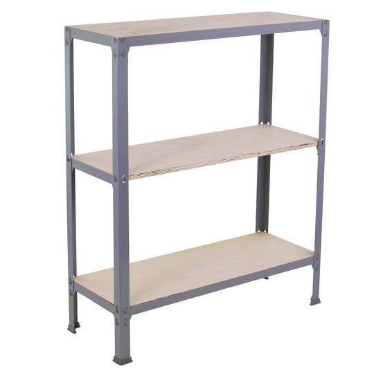 Metalen opbergrek PrimeMatik Plus Home Click met 3 plywood planken en totale afmeting 100 x 30 x 90 cm in de kleur grijs/berken