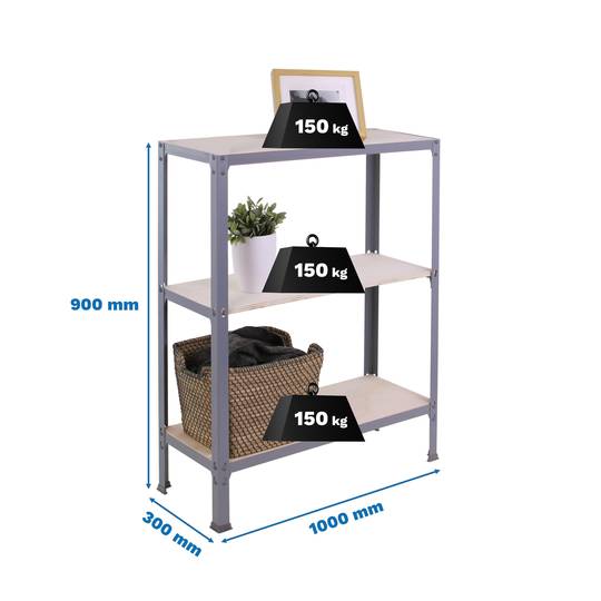 Prateleira metálica PrimeMatik Plus Home Click com 3 prateleiras em compensado e tamanho total 100 x 30 x 90 cm na cor cinza / choupo