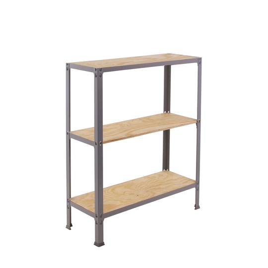 Prestatgeria metàl·lica per a emmagatzematge Simonrack Plus Home Click de 3 lleixes de fusta contraxapada i mida total 100 x 30 x 90 cm de color gris / pi