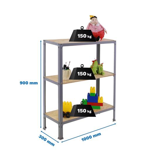 Prestatgeria metàl·lica per a emmagatzematge Simonrack Plus Home Click de 3 lleixes de fusta contraxapada i mida total 100 x 30 x 90 cm de color gris / pi