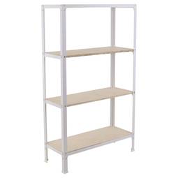 Metalen opbergrek PrimeMatik Plus Home Click met 4 plywood planken en een totale afmeting van 100 x 30 x 160 cm in de kleur wit/berken