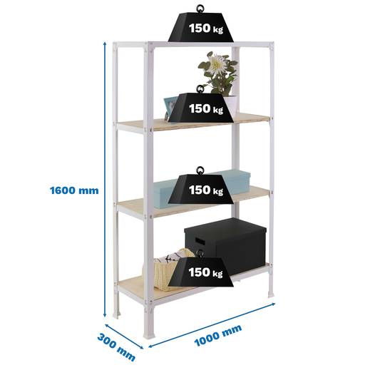 Regał magazynowy metalowy PrimeMatik Plus Home Click z 4 półkami ze sklejki i całkowitym wymiarze 100 x 30 x 160 cm w kolorze białym / brzozowym