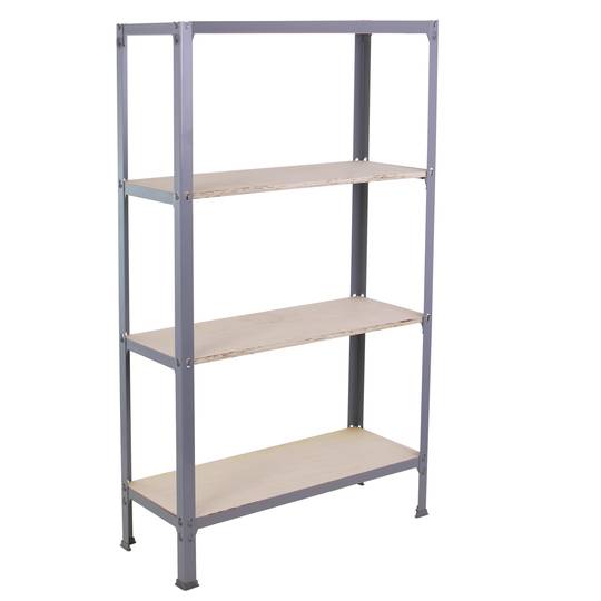 Regał magazynowy metalowy PrimeMatik Plus Home Click z 4 półkami ze sklejki o wymiarach całkowitych 100 x 30 x 160 cm w kolorze szarym / brzozowym