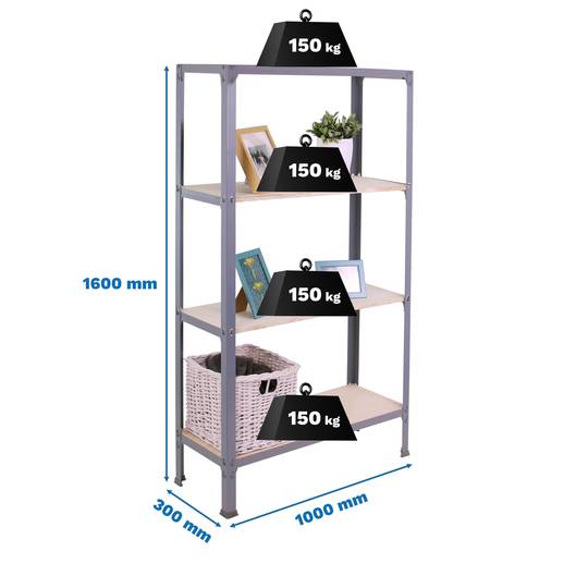 Estante metálica PrimeMatik Plus Home Click com 4 prateleiras em compensado e tamanho total 100 x 30 x 160 cm na cor cinza / choupo