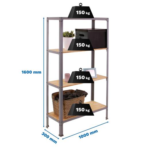 Prestatgeria metàl·lica per a emmagatzematge Simonrack Plus Home Click de 4 lleixes de fusta contraxapada i grandària total 100 x 30 x 160 cm de color gris / pi