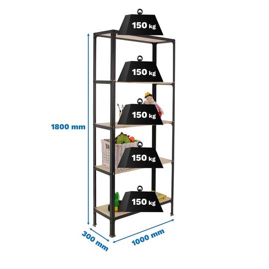 Metal storage shelving Simonrack Plus Home Click with 5 plywood shelves and  total size 100 x 30 x 180 cm in anthracite / birch color - Cablematic