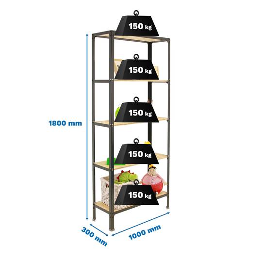 Scaffalatura in metallo PrimeMatik Plus Home Click con 5 ripiani in compensato e dimensioni totali 100 x 30 x 180 cm in colore antracite / pino
