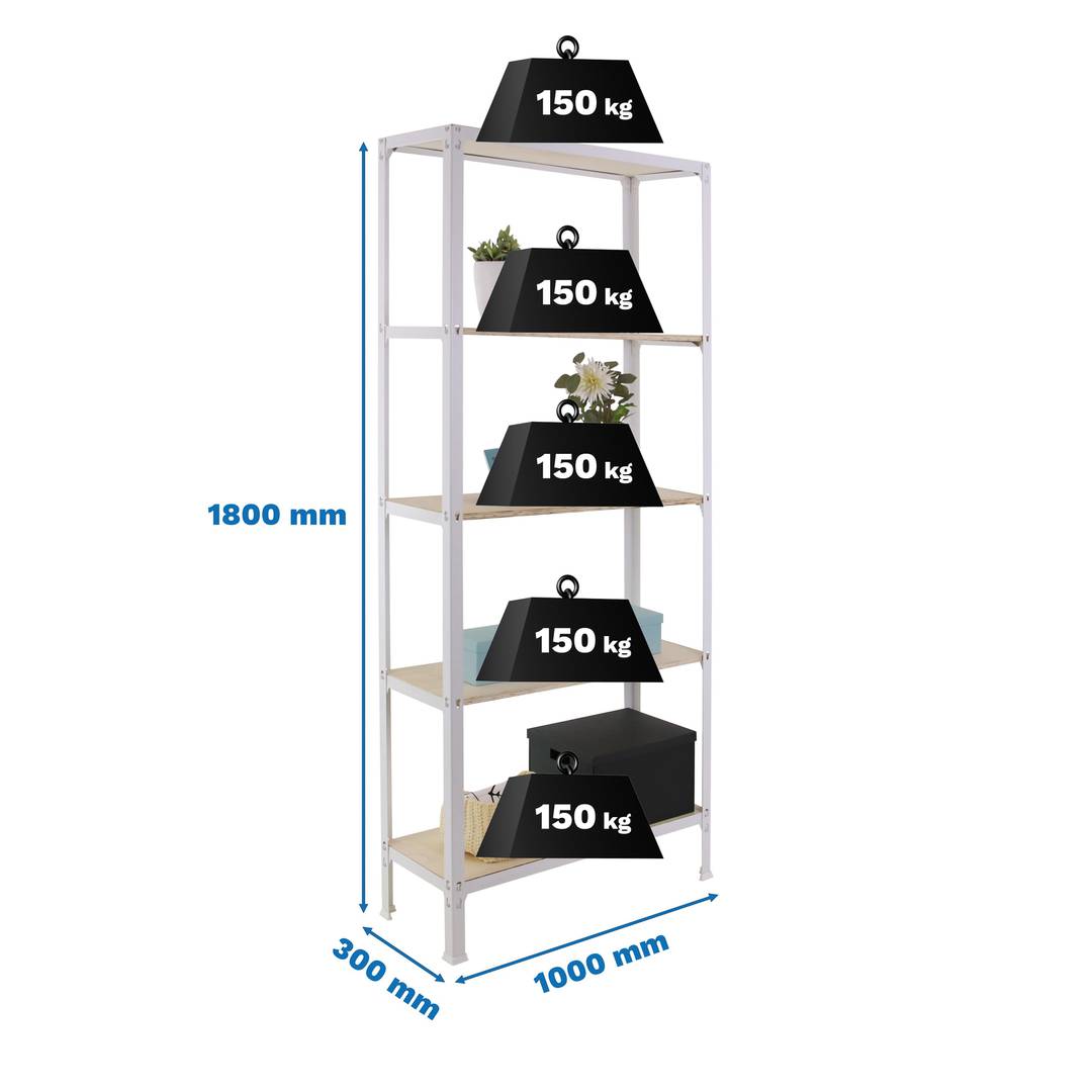 Scaffale in metallo PrimeMatik Plus Home Click con 5 ripiani in compensato  e una dimensione totale di 100 x 30 x 180 cm in colore bianco / pino -  Cablematic