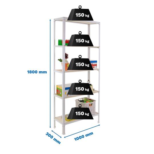 Prestatgeria metàl·lica per a emmagatzematge Simonrack Plus Home Click de 5 lleixes de fusta contraxapada i grandària total 100 x 30 x 180 cm de color blanc / pollancre