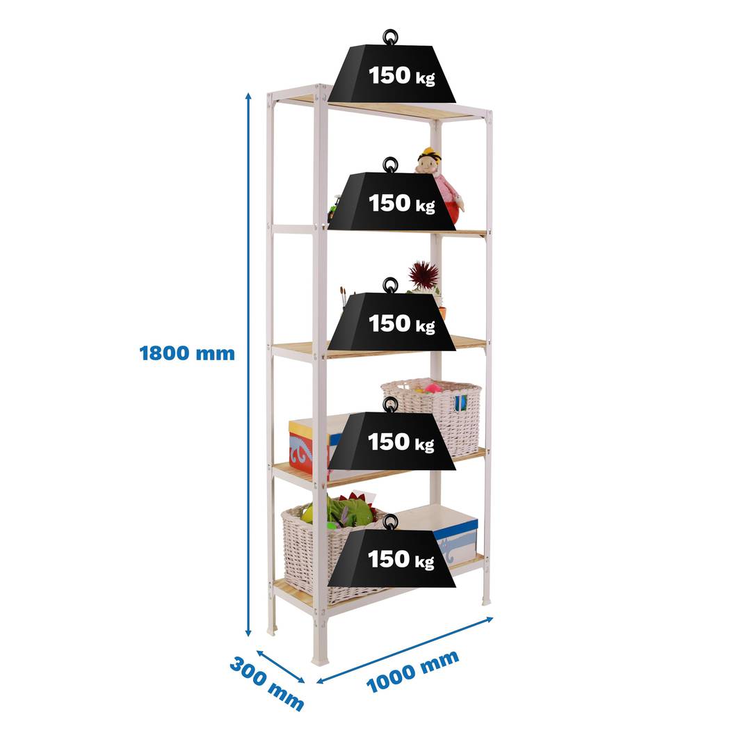 Scaffale in metallo PrimeMatik Plus Home Click con 5 ripiani in compensato  e una dimensione totale di 100 x 30 x 180 cm in colore bianco / pino -  Cablematic